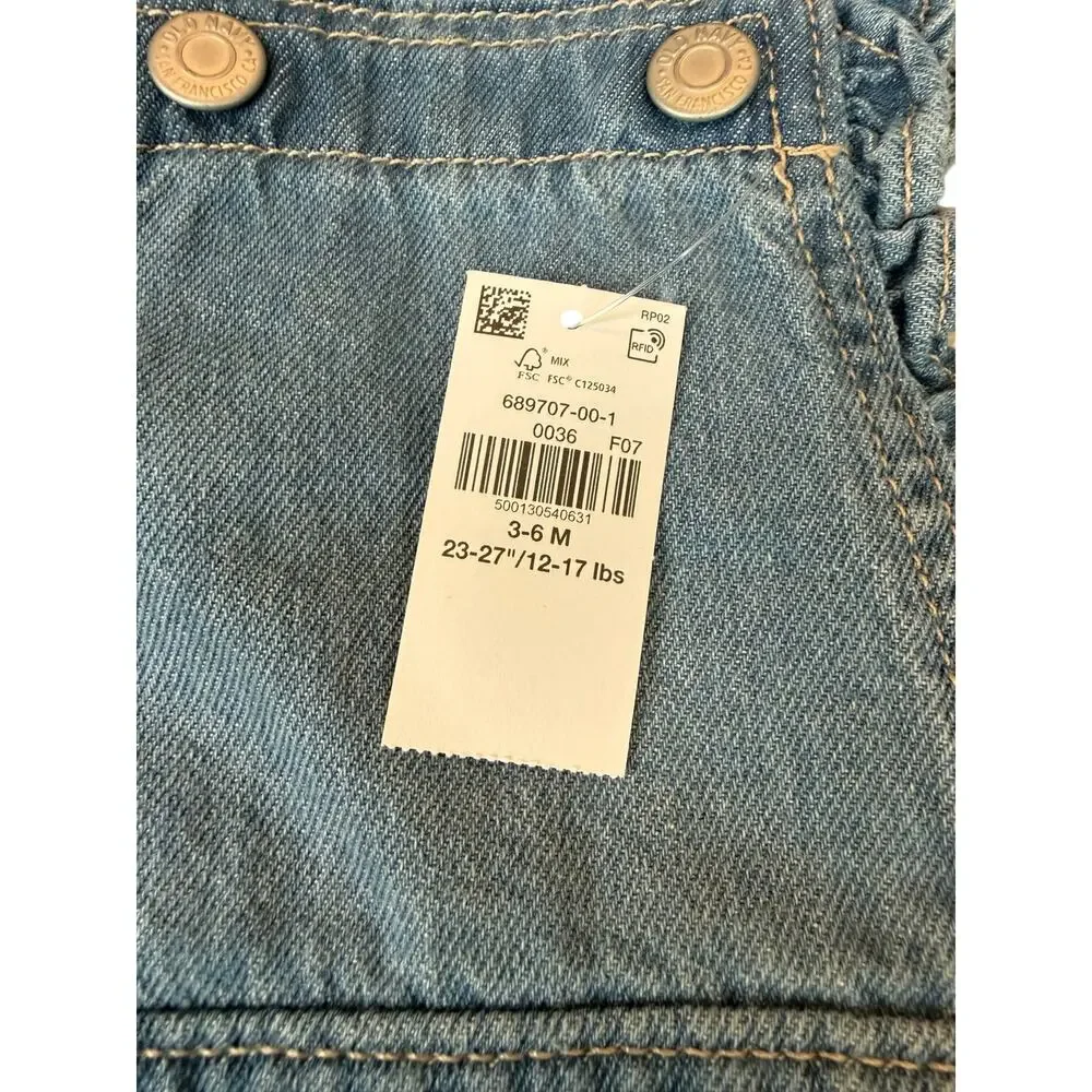 Old Navy Baby Girls Denim Bubble Romper 3-6M Daisy Embroidered Ruffle Overalls